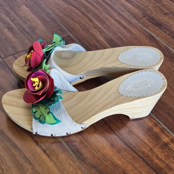 Lulu Guinness Floral Embellished Wooden Clogs Wedge Sandals 37 EU - Picture 2 of 14